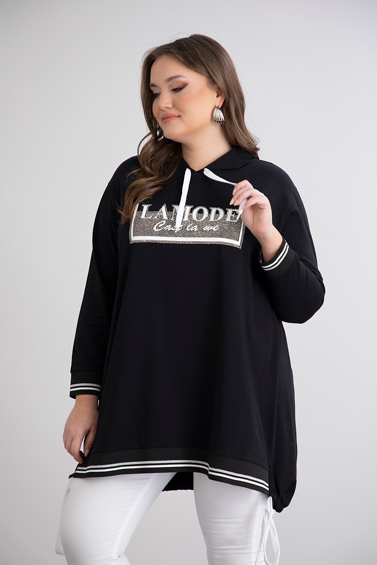 Baumwoll-Tunika mit Kapuze und Kordeln – A-Linie in Übergrößen