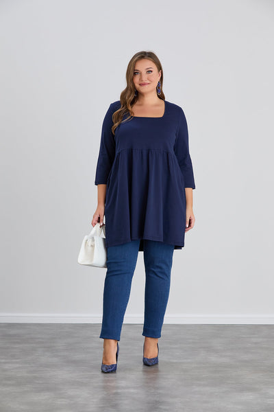 Longshirt A-Linie, Carree-Ausschnitt, 3/4-Arm in Dunkelblau