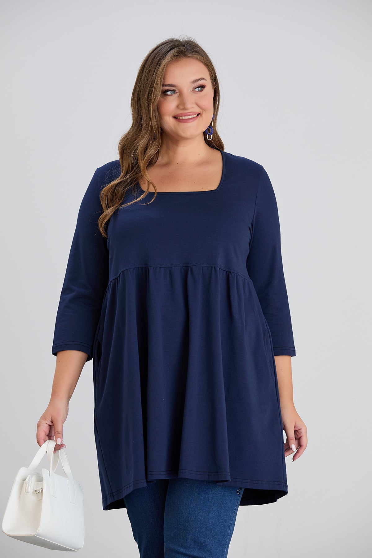 Longshirt A-Linie, Carree-Ausschnitt, 3/4-Arm in Dunkelblau