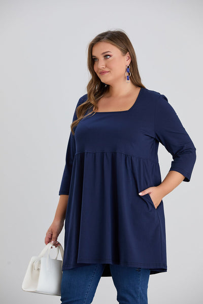 Longshirt A-Linie, Carree-Ausschnitt, 3/4-Arm in Dunkelblau