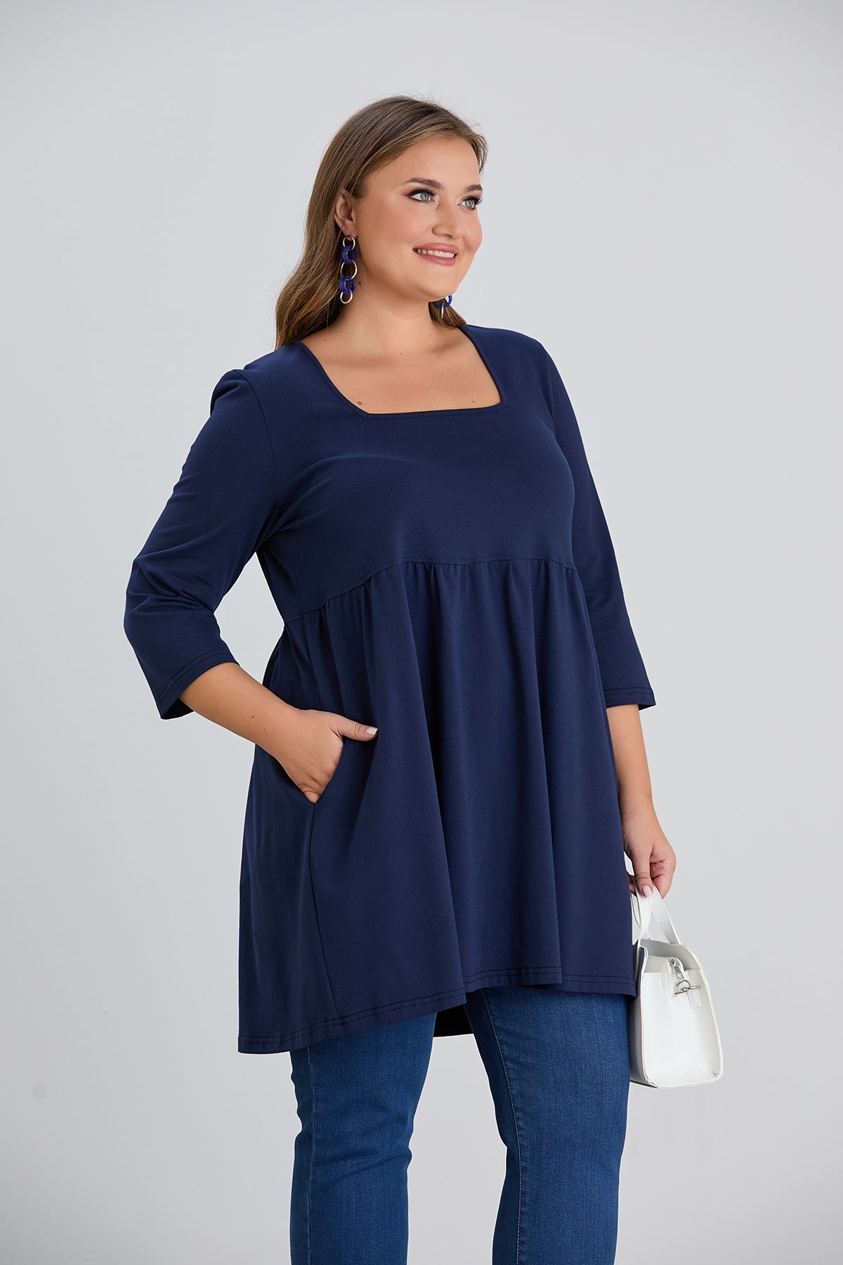 Longshirt A-Linie, Carree-Ausschnitt, 3/4-Arm in Dunkelblau