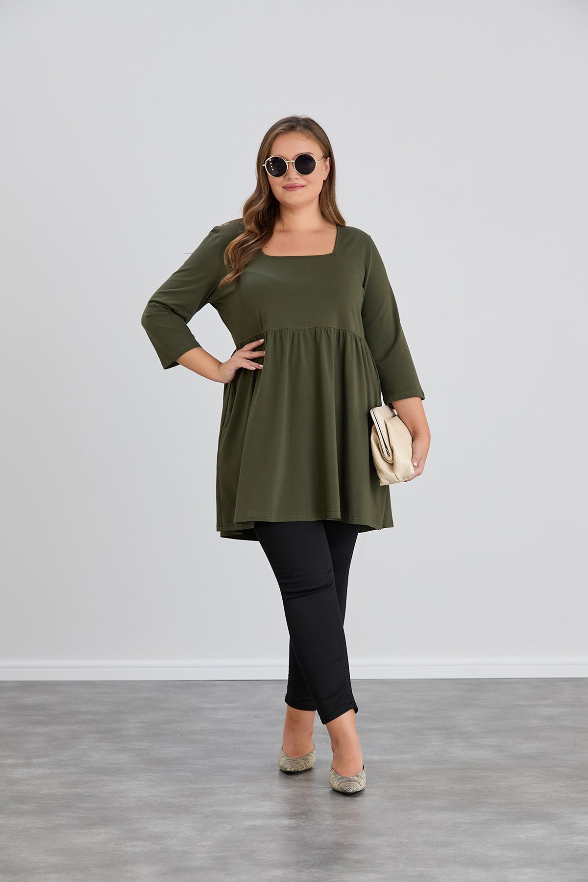 Longshirt, A-Linie, Carree-Ausschnitt, 3/4-Arm - Khaki