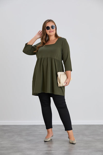 Longshirt, A-Linie, Carree-Ausschnitt, 3/4-Arm - Khaki