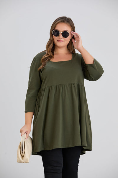 Longshirt, A-Linie, Carree-Ausschnitt, 3/4-Arm - Khaki