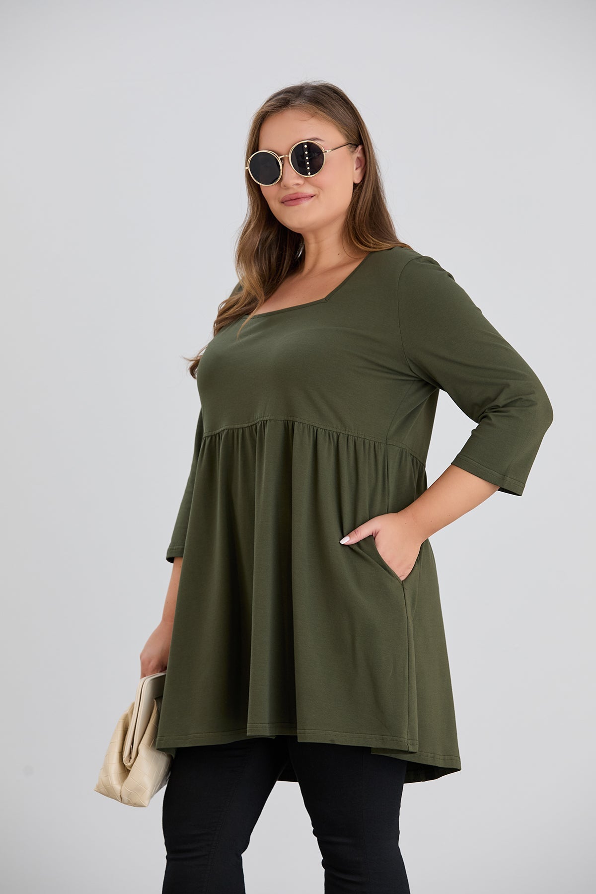 Longshirt, A-Linie, Carree-Ausschnitt, 3/4-Arm - Khaki