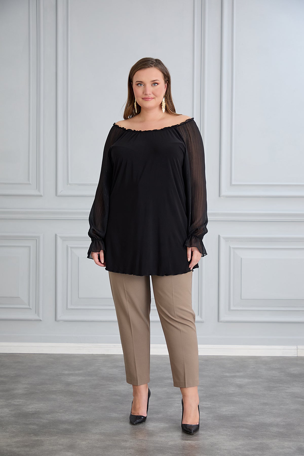 Tunika mit schicken Ärmeln aus Chiffon – Schwarz