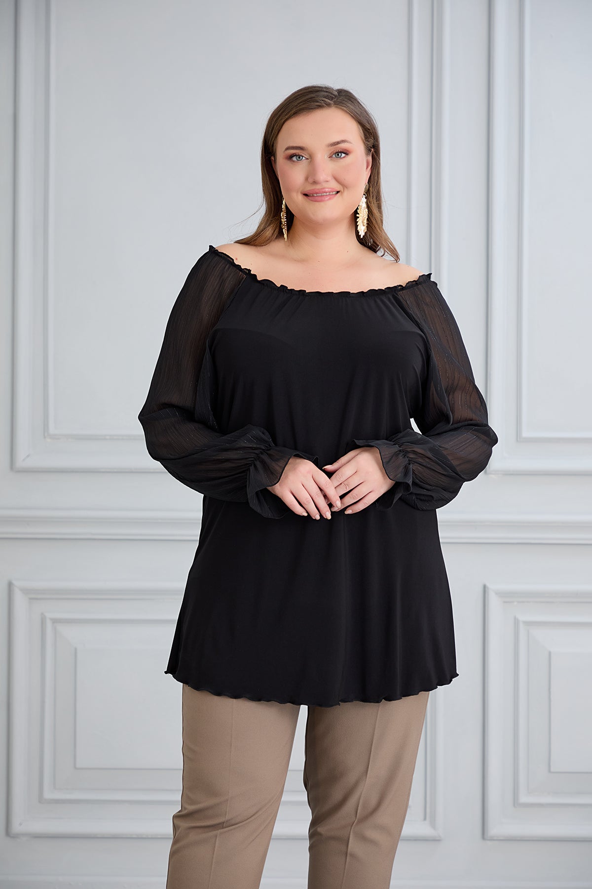Tunika mit schicken Ärmeln aus Chiffon – Schwarz