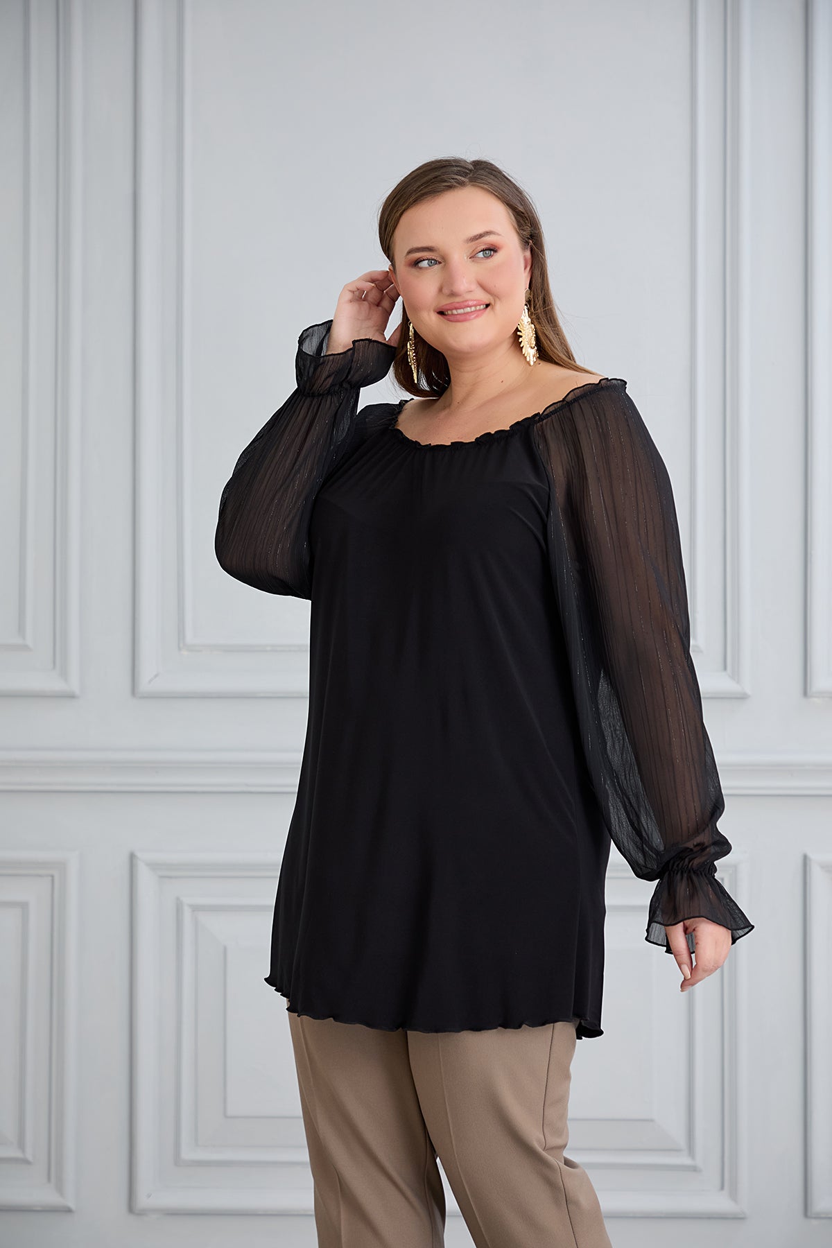 Tunika mit schicken Ärmeln aus Chiffon – Schwarz