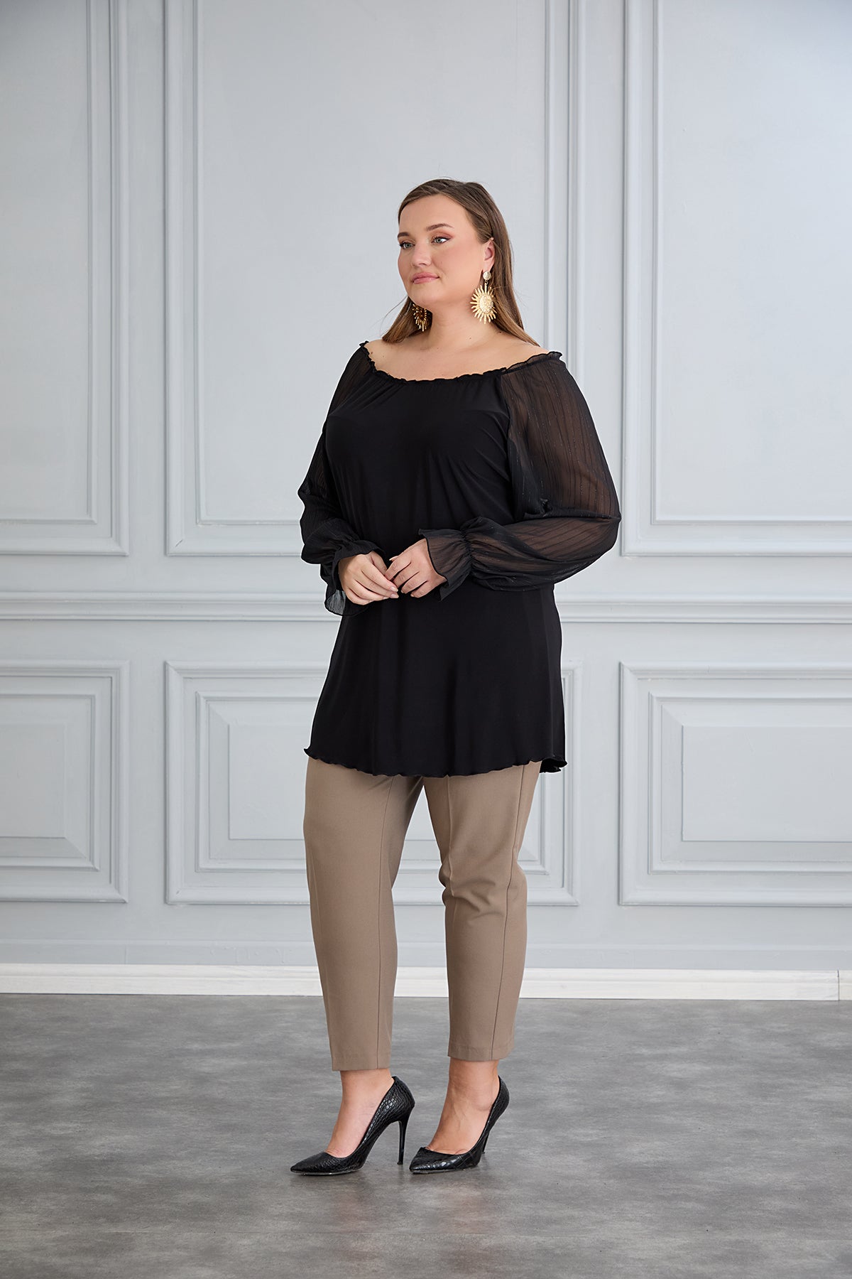 Tunika mit schicken Ärmeln aus Chiffon – Schwarz