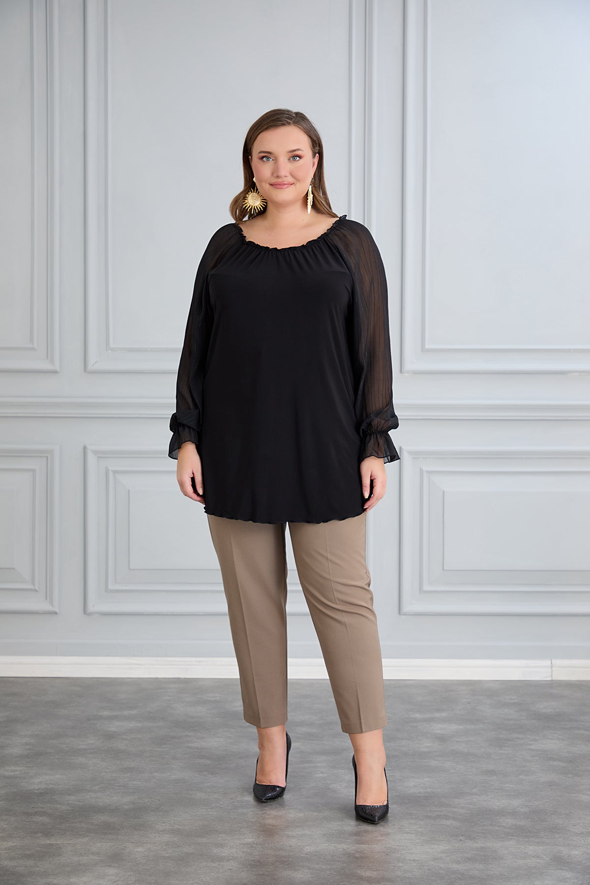 Tunika mit schicken Ärmeln aus Chiffon – Schwarz