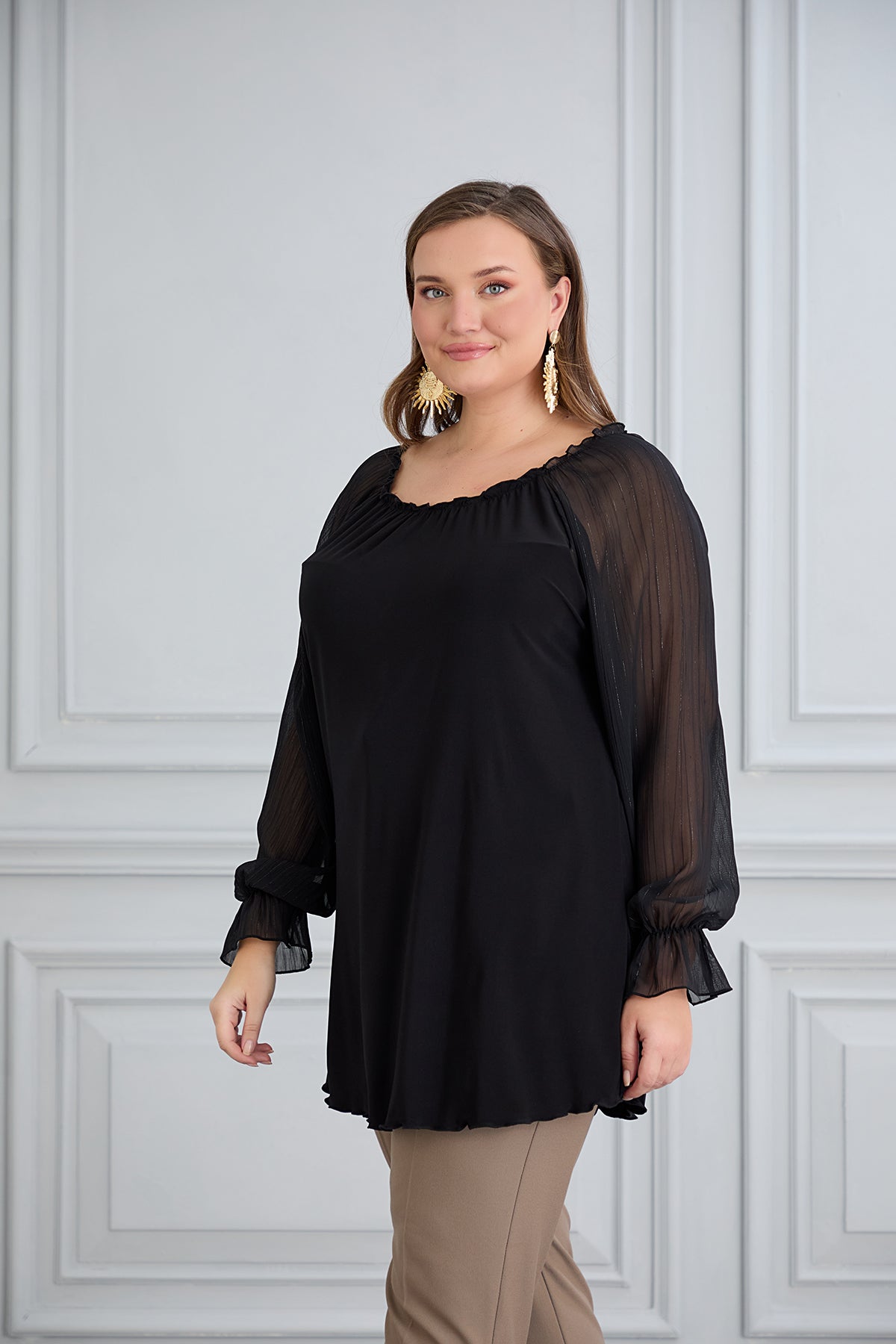 Tunika mit schicken Ärmeln aus Chiffon – Schwarz