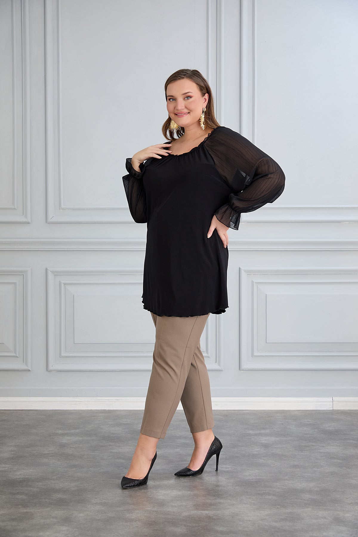 Tunika mit schicken Ärmeln aus Chiffon – Schwarz