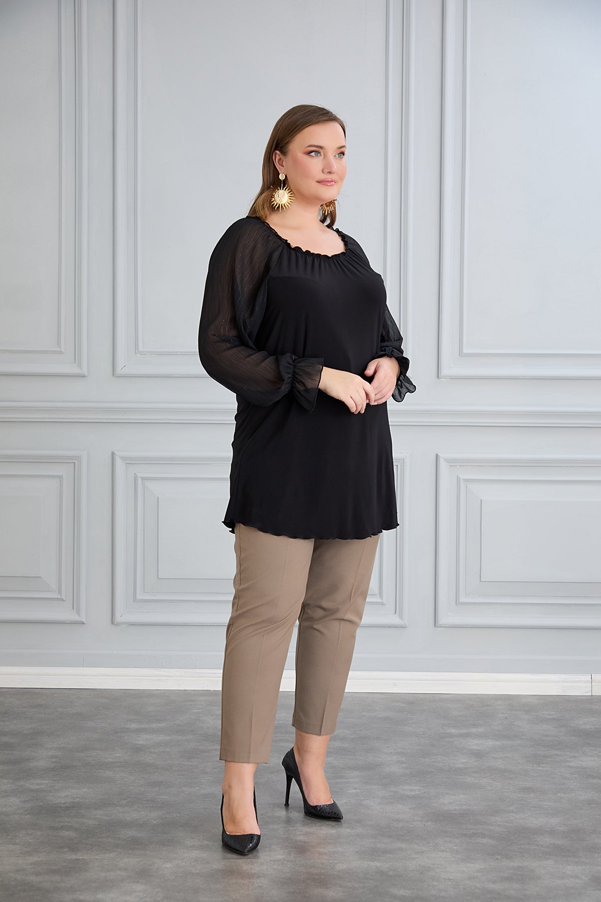Tunika mit schicken Ärmeln aus Chiffon – Schwarz