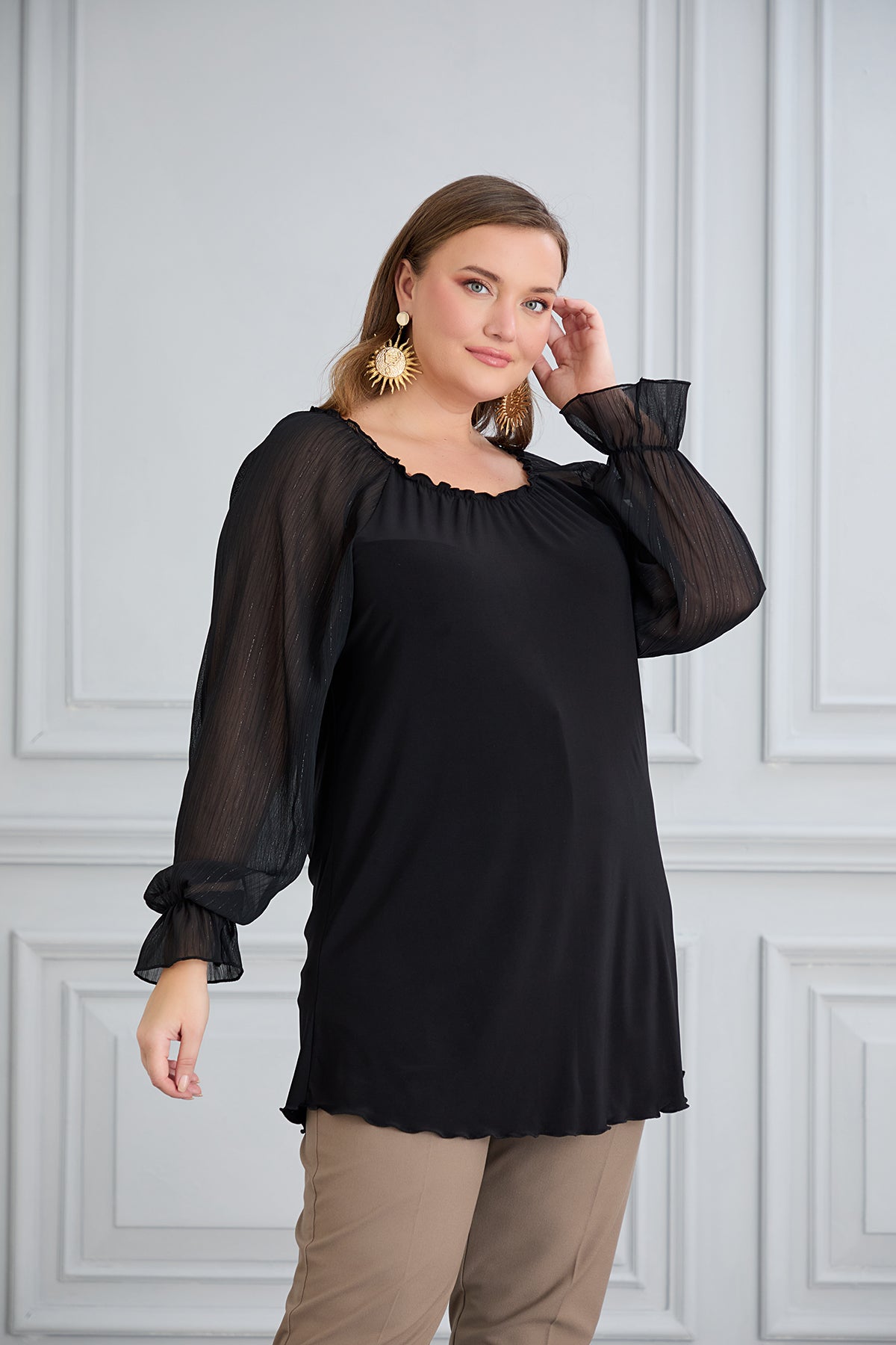 Tunika mit schicken Ärmeln aus Chiffon – Schwarz