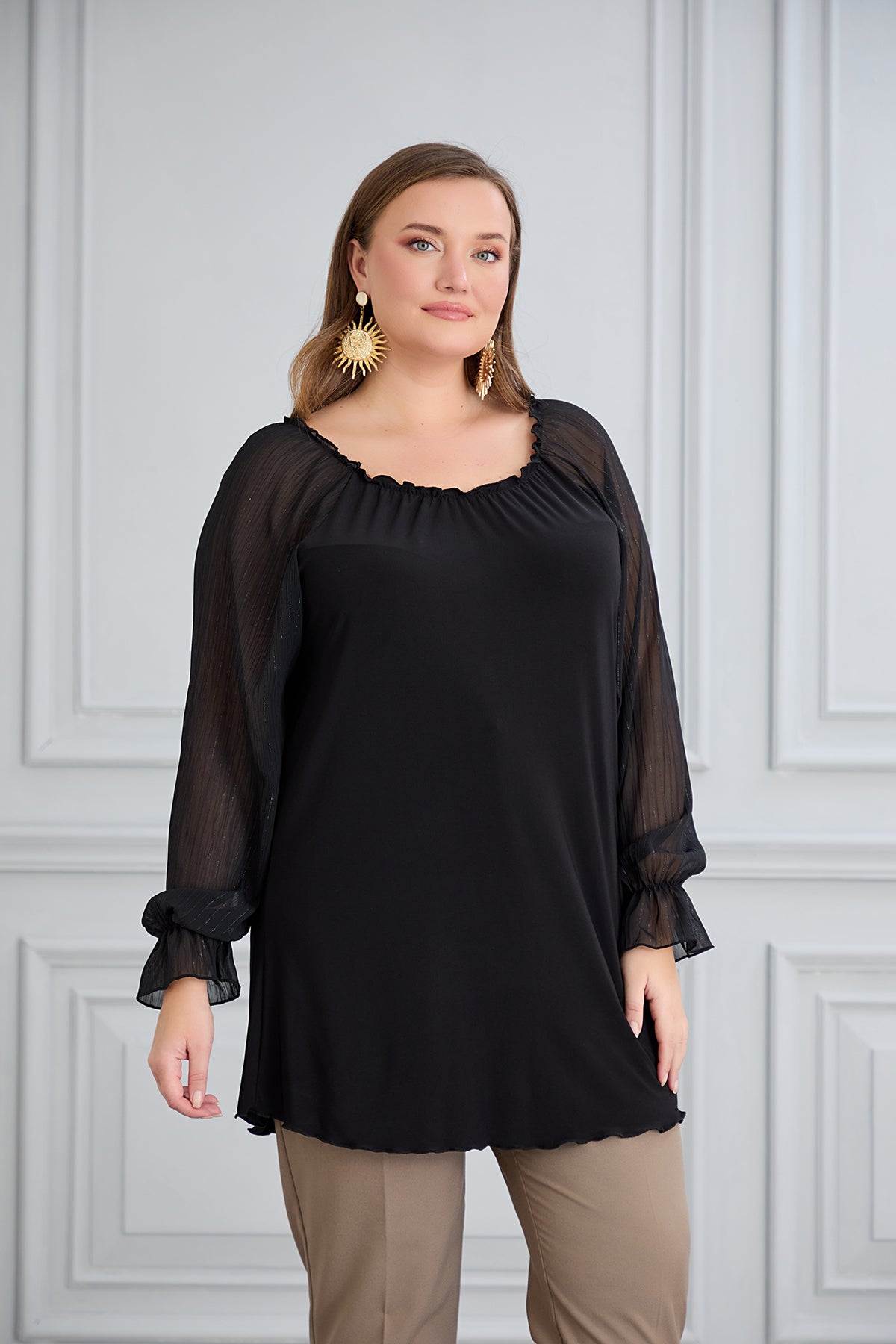 Tunika mit schicken Ärmeln aus Chiffon – Schwarz