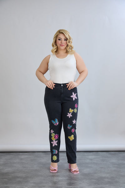 Schwarze Jeans mit bunter Stickerei & Glitzersteinen – Große Größen