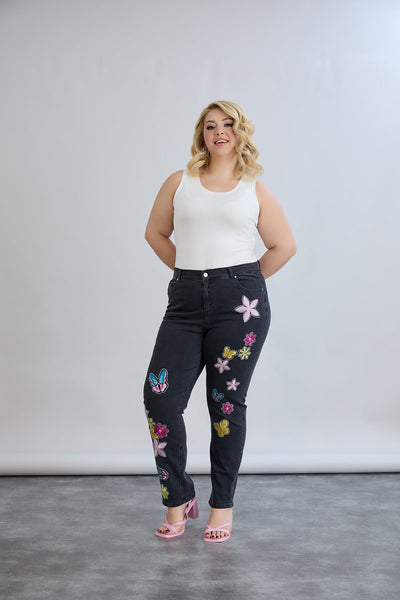 Schwarze Jeans mit bunter Stickerei & Glitzersteinen – Große Größen