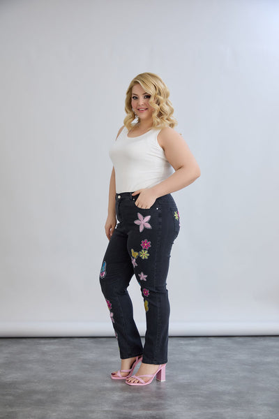 Schwarze Jeans mit bunter Stickerei & Glitzersteinen – Große Größen