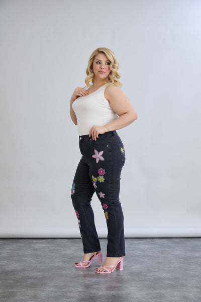 Schwarze Jeans mit bunter Stickerei & Glitzersteinen – Große Größen