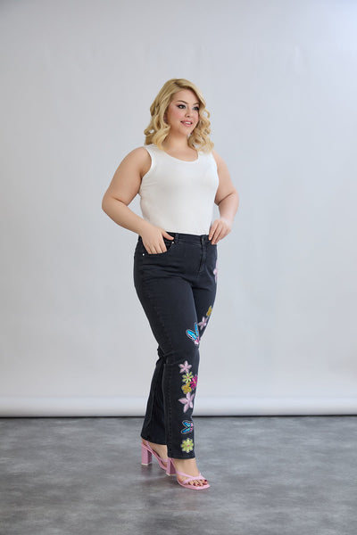 Schwarze Jeans mit bunter Stickerei & Glitzersteinen – Große Größen