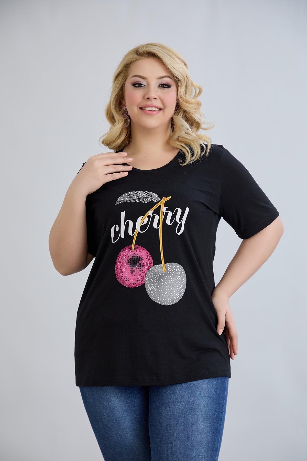 Baumwoll-T-Shirt mit Steinen Cherry