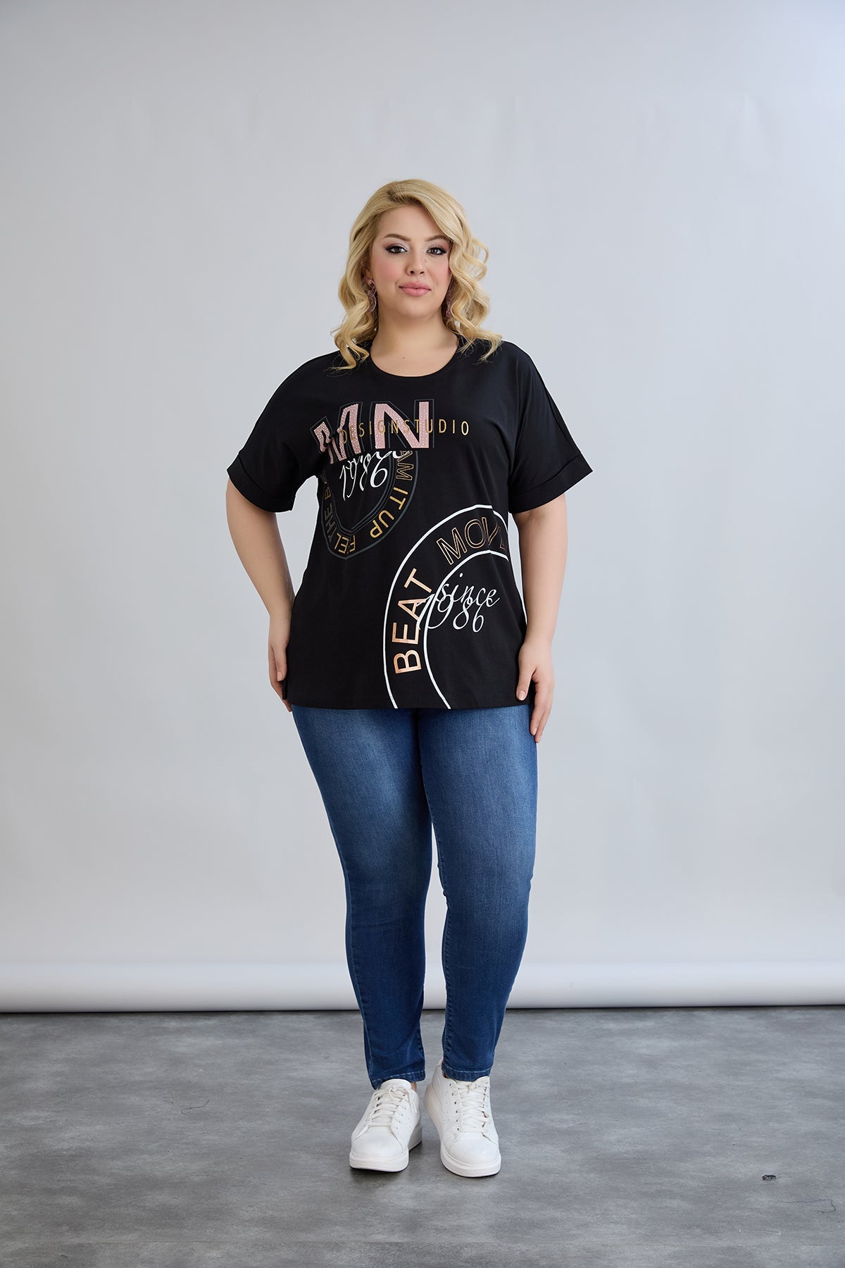 Baumwoll-T-Shirt mit Print – Große Größen 1986 - Schwarz