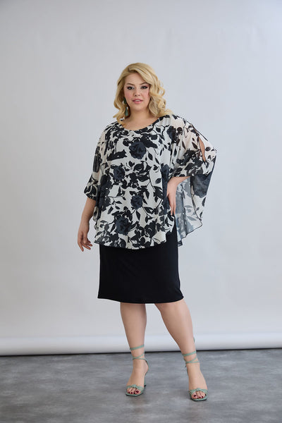 Kleid mit Chiffon und Schulterakzent - Blumen