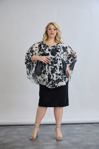 Kleid mit Chiffon und Schulterakzent - Blumen