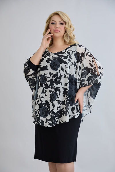 Kleid mit Chiffon und Schulterakzent - Blumen