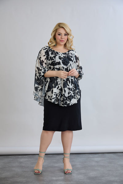 Kleid mit Chiffon und Schulterakzent - Blumen