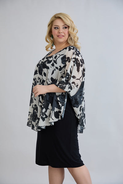 Kleid mit Chiffon und Schulterakzent - Blumen