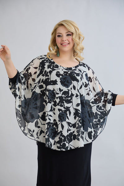Kleid mit Chiffon und Schulterakzent - Blumen