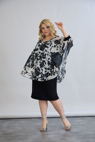 Kleid mit Chiffon und Schulterakzent - Blumen