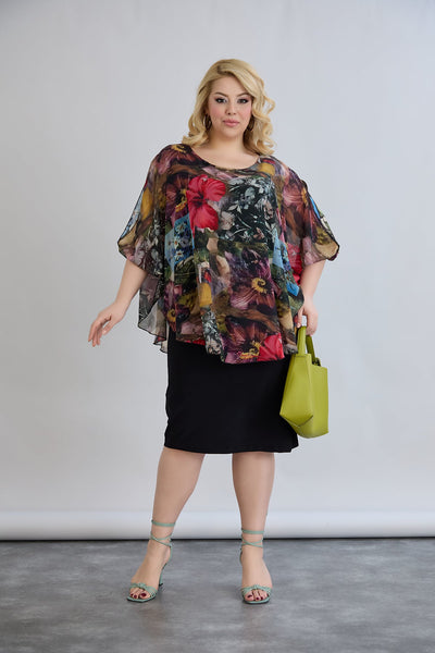 Kleid mit Chiffon und Schulterakzent - Weinrot