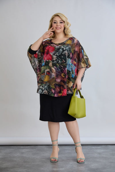 Kleid mit Chiffon und Schulterakzent - Weinrot