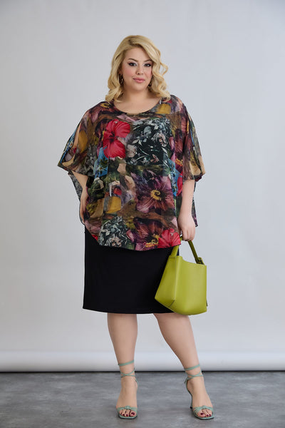 Kleid mit Chiffon und Schulterakzent - Weinrot