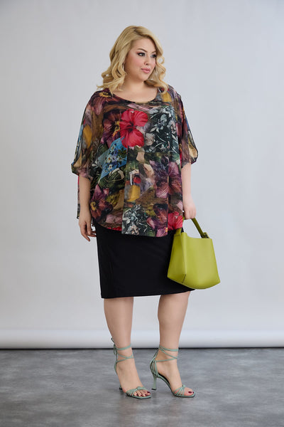 Kleid mit Chiffon und Schulterakzent - Weinrot
