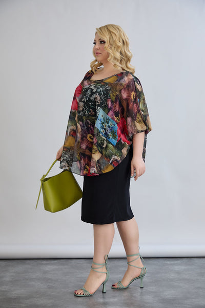 Kleid mit Chiffon und Schulterakzent - Weinrot