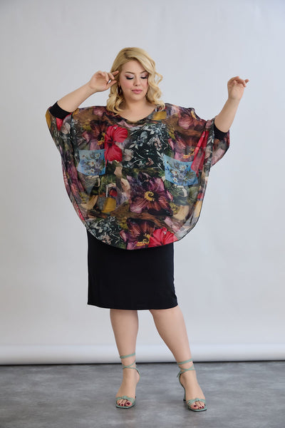 Kleid mit Chiffon und Schulterakzent - Weinrot