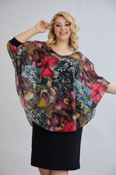 Kleid mit Chiffon und Schulterakzent - Weinrot