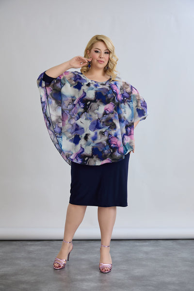 Kleid mit Chiffon und Schulterakzent - Dunkelblau