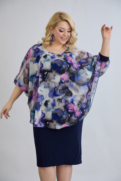 Kleid mit Chiffon und Schulterakzent - Dunkelblau
