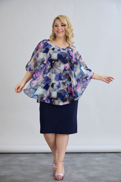 Kleid mit Chiffon und Schulterakzent - Dunkelblau
