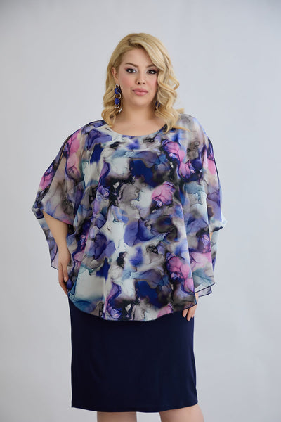 Kleid mit Chiffon und Schulterakzent - Dunkelblau