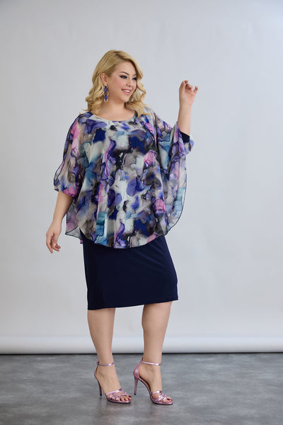 Kleid mit Chiffon und Schulterakzent - Dunkelblau