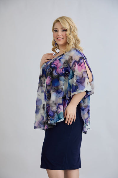 Kleid mit Chiffon und Schulterakzent - Dunkelblau