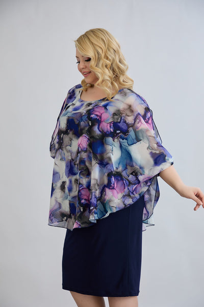 Kleid mit Chiffon und Schulterakzent - Dunkelblau