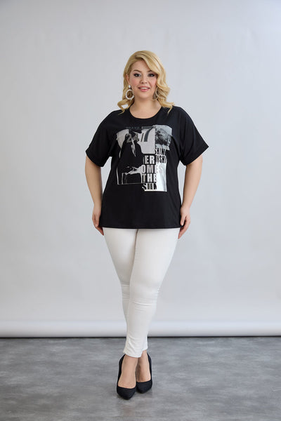 Baumwoll-T-Shirt mit Print und Strass – Schwarz