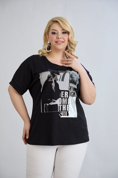 Baumwoll-T-Shirt mit Print und Strass – Schwarz