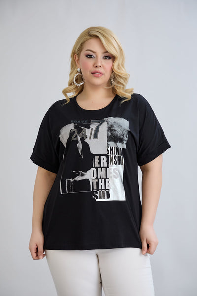 Baumwoll-T-Shirt mit Print und Strass – Schwarz